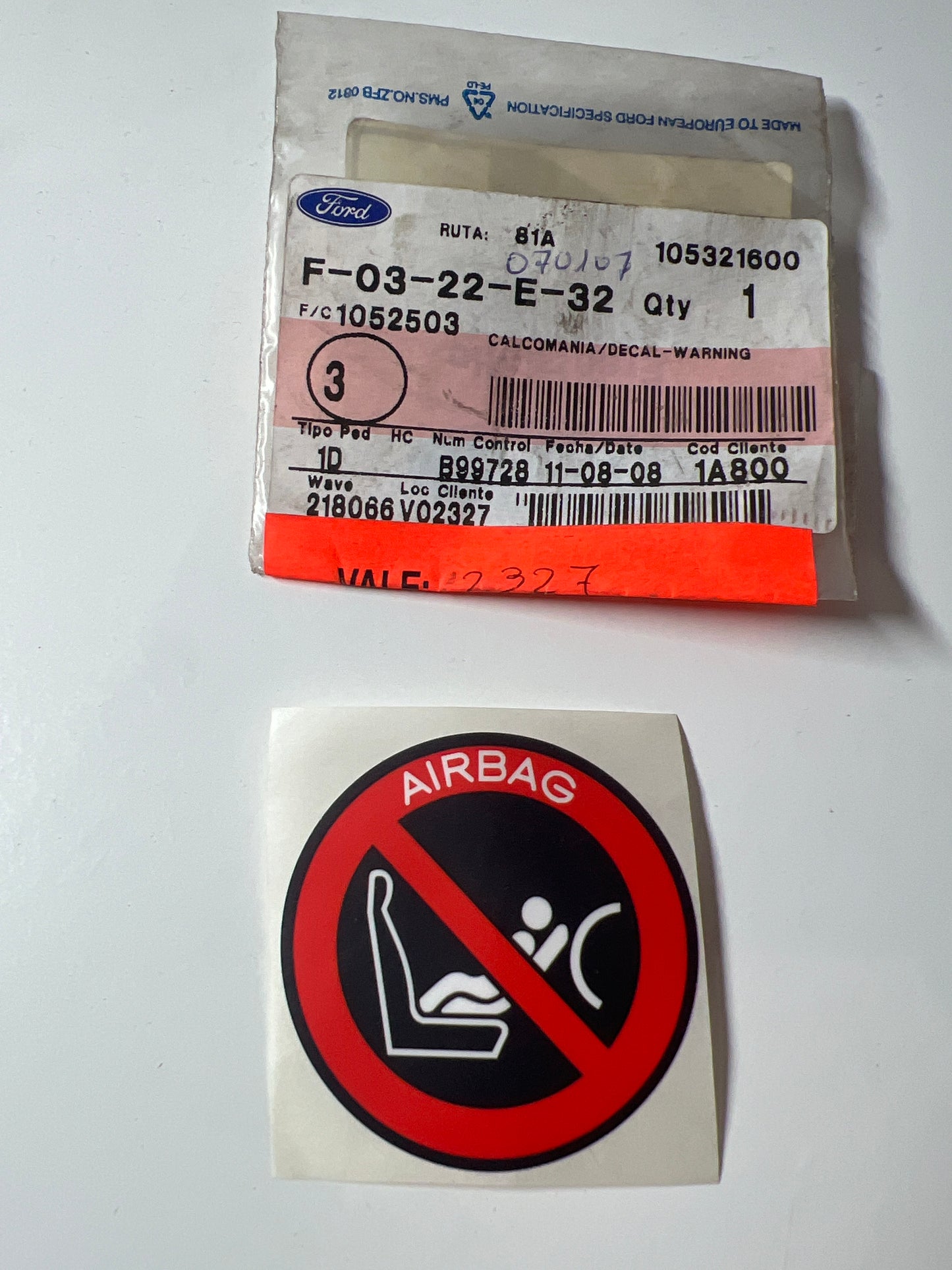 1052503, CALCOMANÍA - AVISO - AIRBAG, Ford