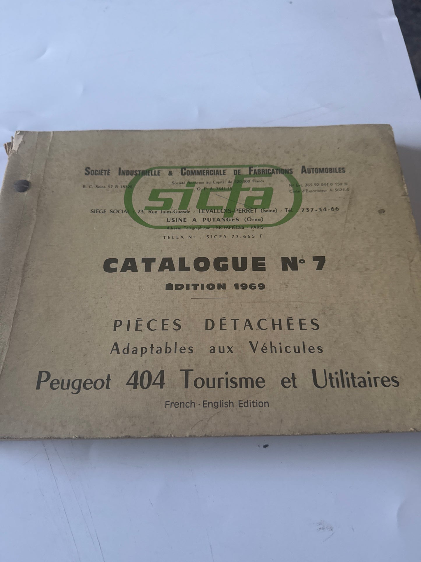 Sicfa. Catálogo n7. Edición 1969. Repuestos adaptables a vehículos. Peugeot 404
