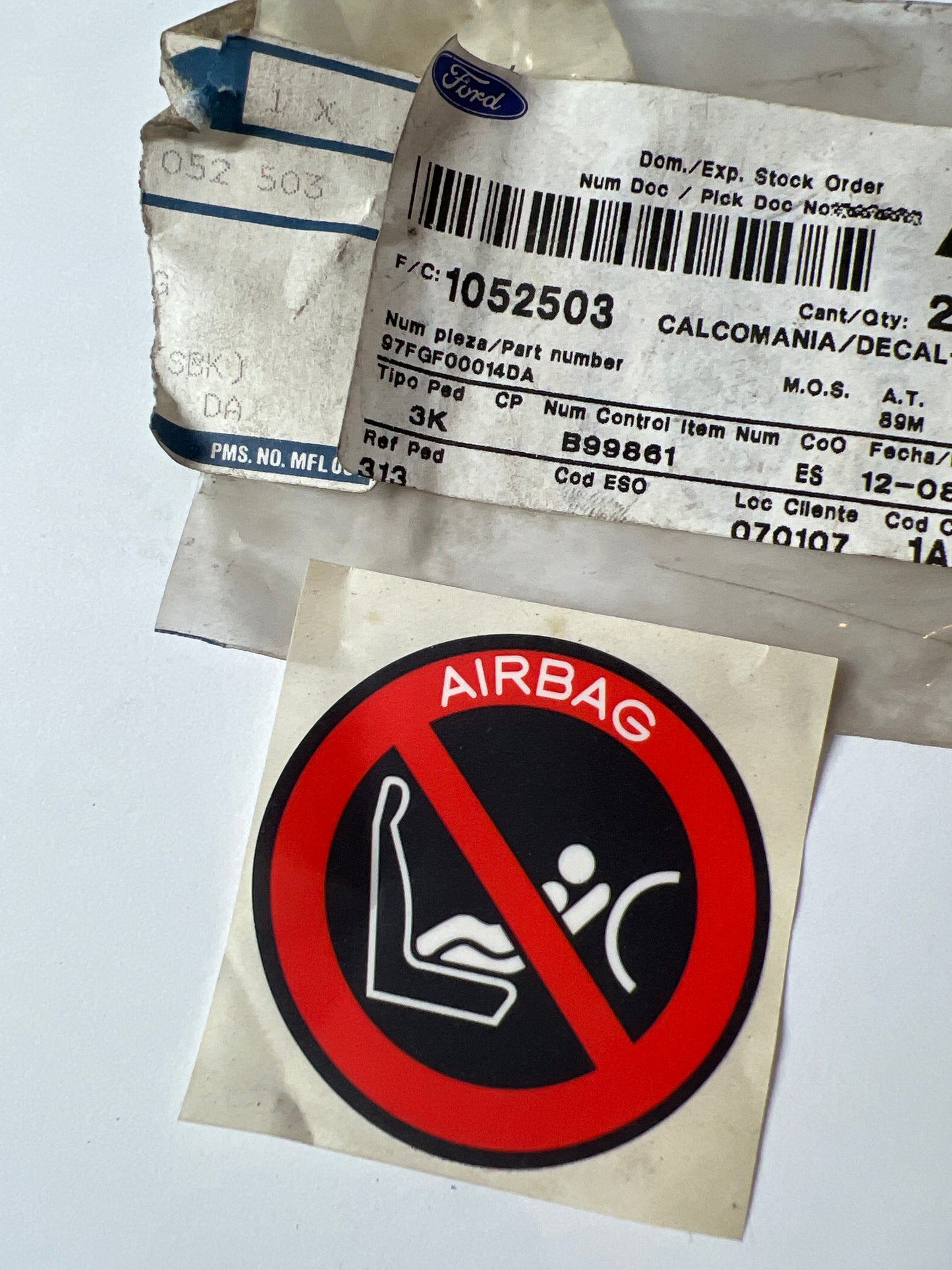 1052503, CALCOMANÍA - ADVERTENCIA - AIRBAG, Ford